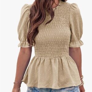 Beige Smoked Swiss Dot Blouse Top